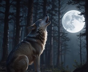 Wall Mural - Majestic wolf howling at the moon in a moonlit forest ,  feral,  serene,  forest