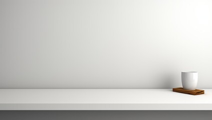 Poster - A white cup on a brown coaster sits on a minimalist white surface against a plain, light-colored wall.