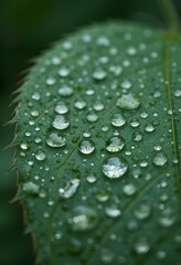 Poster - Raindrop Reflections On Leaf, Nature's Tiny Lenses, Capturing The World. Small Droplets Magnifying Greenery. Perfect For Natural Beauty Images And Serene Closeups.