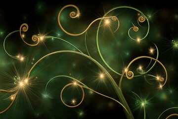 Poster - Intricate golden swirls and sparkles on a dark green background create a magical atmosphere