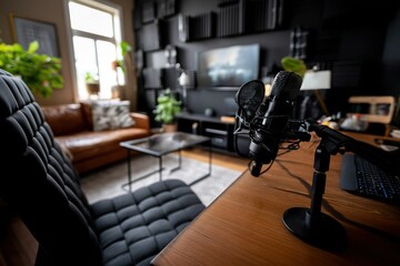 Poster - Cozy studio setup with microphone and leather sofa in a modern apartment
