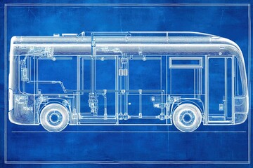 Poster - Detailed blueprint illustration of a modern bus design showcasing structural elements and technical features