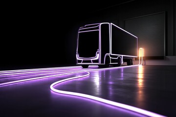 Fototapete - Creative neon outline of a truck illuminating a dark indoor space with curved light paths representing movement