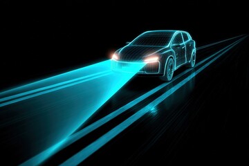 Fototapete - Futuristic car design with glowing headlights and digital wireframe in dark environment