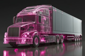 Poster - 3D rendering of a futuristic trucking vehicle with neon wireframe design in a dark environment