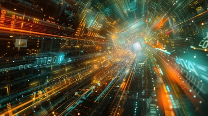 Poster - Abstract digital shape and particle technological cyber style design connecting become system shape of electronic designing. High tech scenery express mysterious pattern perfect for wallpaper. AIG53.