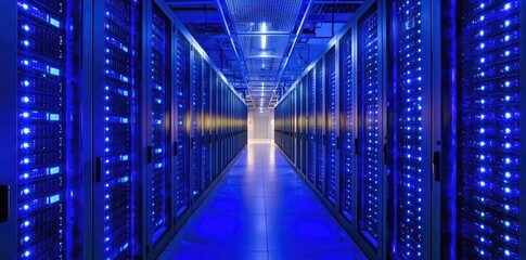 Fototapete - High tech data center with glowing blue servers in rows and modern lighting, ideal for IT, cloud, or cybersecurity themes