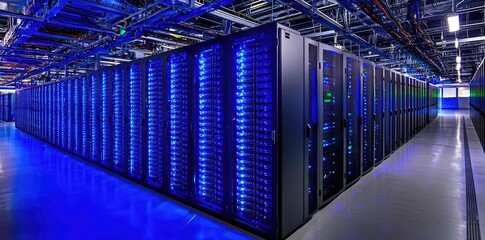 Fototapete - Large scale server room interior with endless rows of blue lit server cabinets, perfect for cloud computing and tech visual content