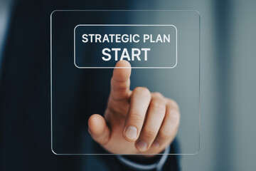 Poster - A close-up a finger pressing a clear digital interface symbolizes business strategy and decision-making to drive innovation and growth