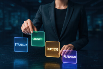 Poster - A professional in a sleek outfit engages in strategic decision-making by selecting glowing tiles symbolizing growth planning and success for business advancement