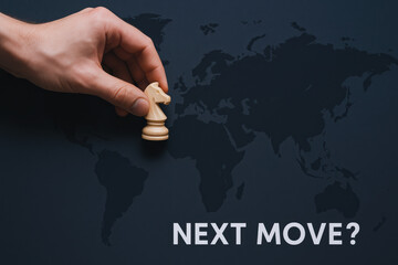 Poster - A hand strategically placing a chess piece on a dark world map symbolizing business decision and global strategy in leadership and growth