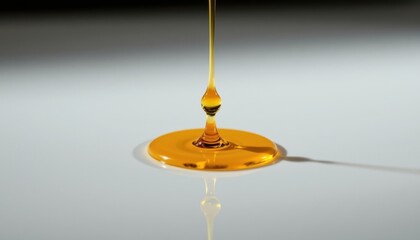 Poster - a perfect, shimmering drop of warm golden oil suspended gracefully on a clean white background, reflecting light and showcasing its rich hue.