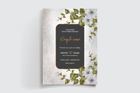 WEDDING INVITATION FRAME WITH FLOWER DECORATIONS AND FRESH LEAVES