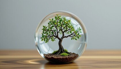 Poster - the clear glass ball reveals a miniature tree, intricately sculpted with delicate branches and leaves, symbolizing life and growth within the confines of its spherical enclosure.