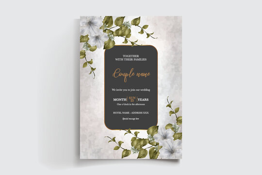 WEDDING INVITATION FRAME WITH FLOWER DECORATIONS AND FRESH LEAVES