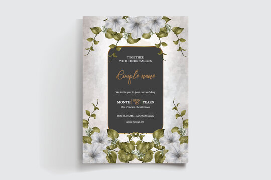 WEDDING INVITATION FRAME WITH FLOWER DECORATIONS AND FRESH LEAVES