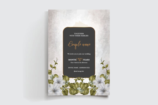 WEDDING INVITATION FRAME WITH FLOWER DECORATIONS AND FRESH LEAVES