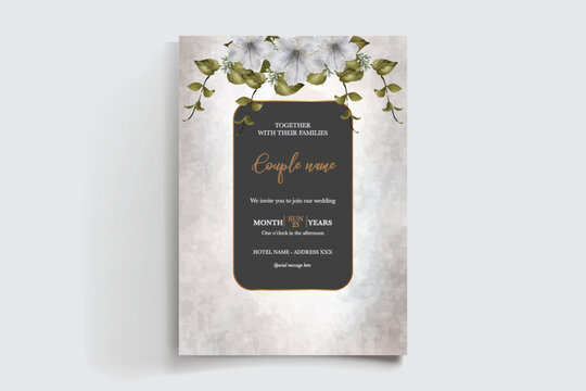 WEDDING INVITATION FRAME WITH FLOWER DECORATIONS AND FRESH LEAVES