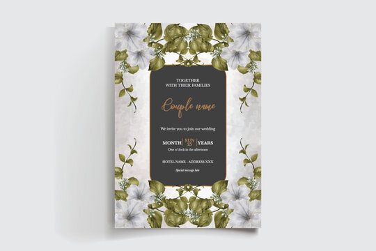 WEDDING INVITATION FRAME WITH FLOWER DECORATIONS AND FRESH LEAVES
