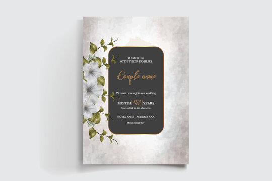WEDDING INVITATION FRAME WITH FLOWER DECORATIONS AND FRESH LEAVES
