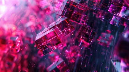 Poster - Explore a vivid abstract representation of atomic crystals in a futuristic cyberspace, combining technological elements with vibrant colors and dynamic composition.