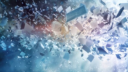 Poster - An artistic depiction of scattered papers in motion, showcasing an abstract and dynamic background. This creative image evokes a sense of chaos, imagination, and innovation in a modern workspace.