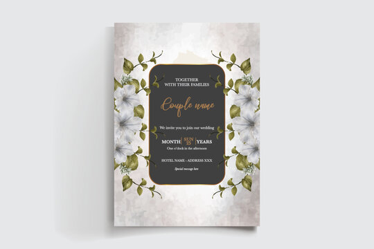WEDDING INVITATION FRAME WITH FLOWER DECORATIONS AND FRESH LEAVES