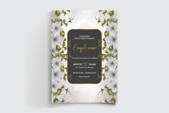WEDDING INVITATION FRAME WITH FLOWER DECORATIONS AND FRESH LEAVES