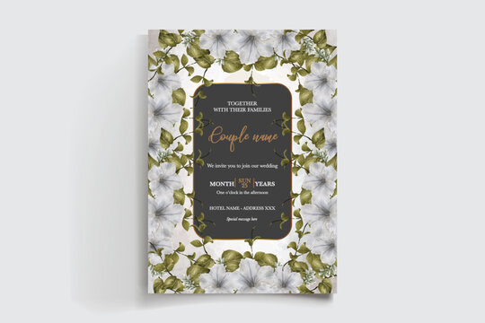 WEDDING INVITATION FRAME WITH FLOWER DECORATIONS AND FRESH LEAVES