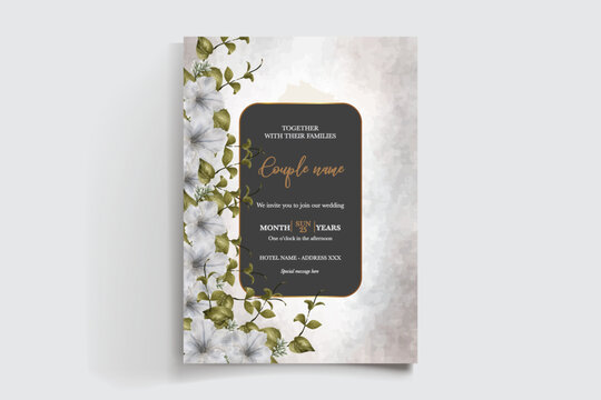 WEDDING INVITATION FRAME WITH FLOWER DECORATIONS AND FRESH LEAVES