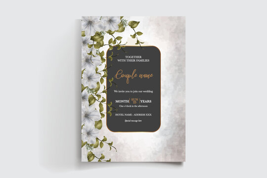 WEDDING INVITATION FRAME WITH FLOWER DECORATIONS AND FRESH LEAVES