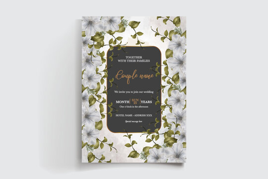 WEDDING INVITATION FRAME WITH FLOWER DECORATIONS AND FRESH LEAVES