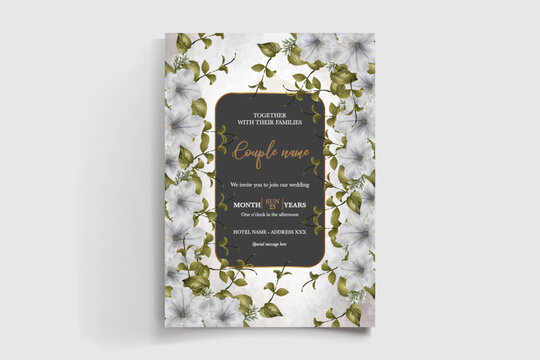 WEDDING INVITATION FRAME WITH FLOWER DECORATIONS AND FRESH LEAVES