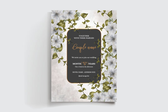 WEDDING INVITATION FRAME WITH FLOWER DECORATIONS AND FRESH LEAVES