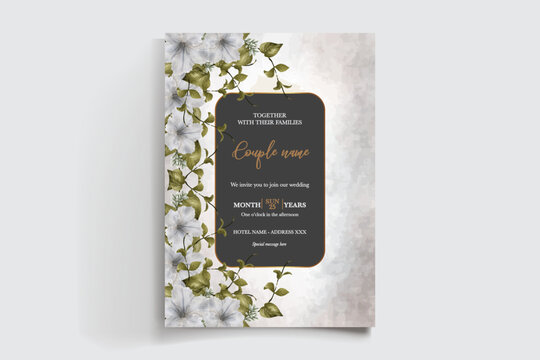 WEDDING INVITATION FRAME WITH FLOWER DECORATIONS AND FRESH LEAVES