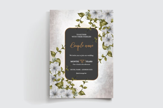 WEDDING INVITATION FRAME WITH FLOWER DECORATIONS AND FRESH LEAVES