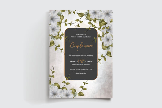 WEDDING INVITATION FRAME WITH FLOWER DECORATIONS AND FRESH LEAVES