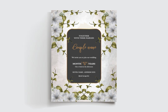 WEDDING INVITATION FRAME WITH FLOWER DECORATIONS AND FRESH LEAVES