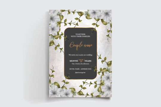 WEDDING INVITATION FRAME WITH FLOWER DECORATIONS AND FRESH LEAVES