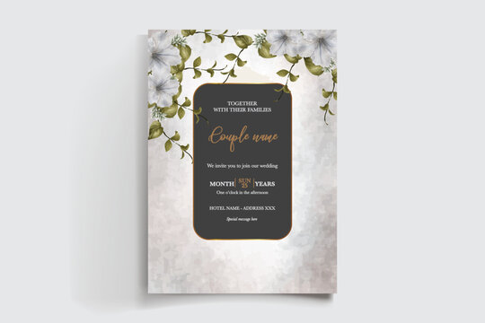 WEDDING INVITATION FRAME WITH FLOWER DECORATIONS AND FRESH LEAVES