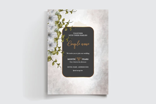 WEDDING INVITATION FRAME WITH FLOWER DECORATIONS AND FRESH LEAVES
