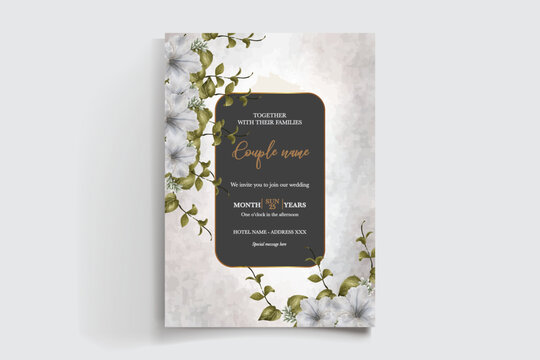 WEDDING INVITATION FRAME WITH FLOWER DECORATIONS AND FRESH LEAVES