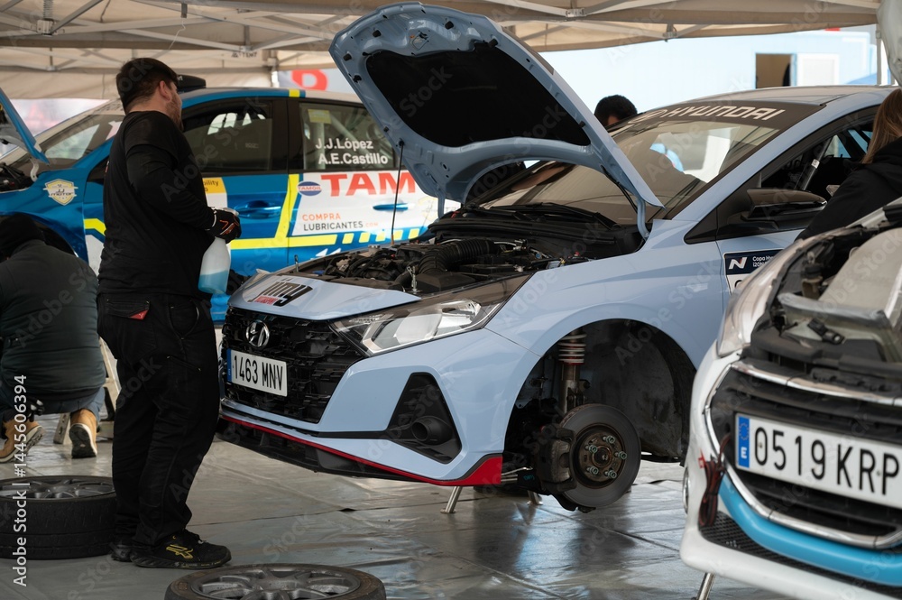 Detail of a racing team mechanic inspecting the Hyundai i30 N ...