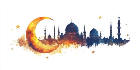 Poster - An Eid crescent moon and mosque, isolated on white.