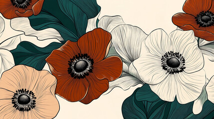 Poster - Detailed illustration of orange, beige, and white anemones with teal leaves, creating a floral arrangement ideal for design projects like wallpaper or banners