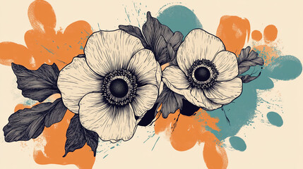 Poster - Detailed illustration of two anemones with dark leaves, set against an abstract background of orange and teal paint splatters Free space for text or logo