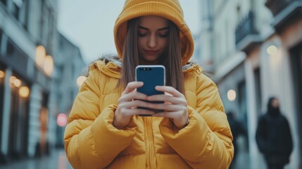 Poster - Woman hands using mobile smartphone in the street with icon social media and social network.
