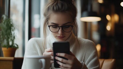 Poster - Young smart business woman taking a coffee break and using mobile phone during working on laptop computer at office. Female freelancer using smartphone and drinking coffee