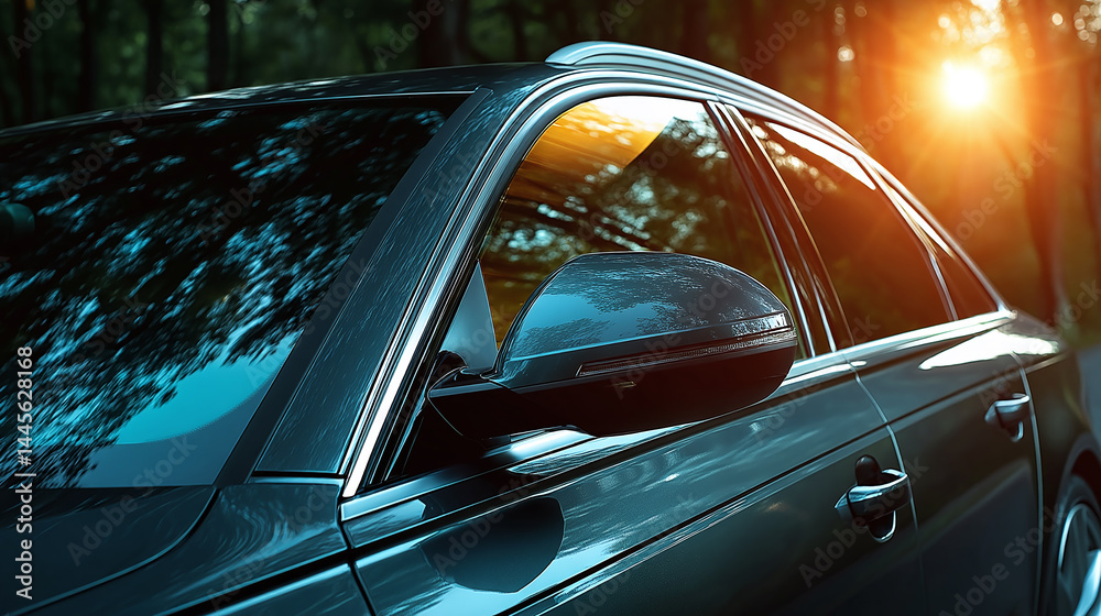 Tinted side view of a car window covered with ceramic film for heat ...