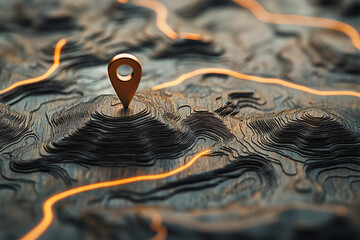 Poster - Golden location pin on a dark, textured 3D relief map with orange lines, showcasing navigation, journey, or destination concepts